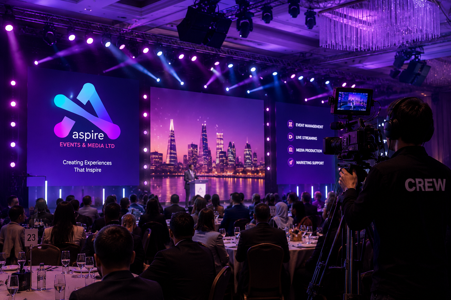 Professionally managed live event with stage lighting and audience